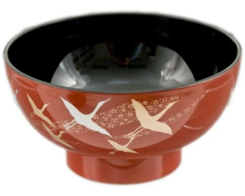 Japanese Traditional Style Crane Design Miso Soup Bowl High Gloss Lacquer Bowl Black and Red Finish Made in Japan (4.5" x 2.25" Red)
