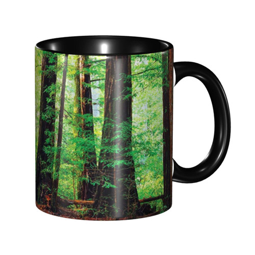 Large Ceramic Coffee Mug, Woodland Unique Mug, Redwood Trees Northwest Rain Forest Tropical, 11oz, For Office and Home, Green Brown