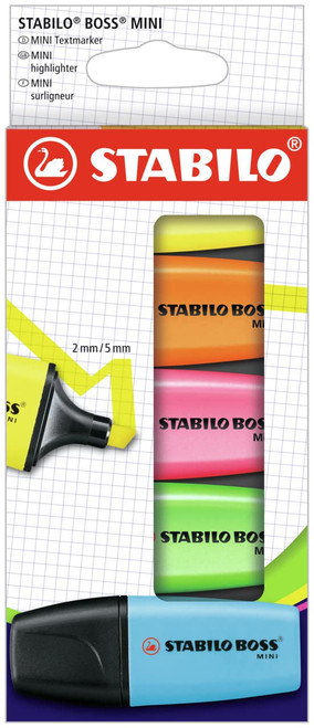 STABILO BOSS Mini Highlighter, 5-Color Set, Yellow, Orange, Pink, Green, and Blue