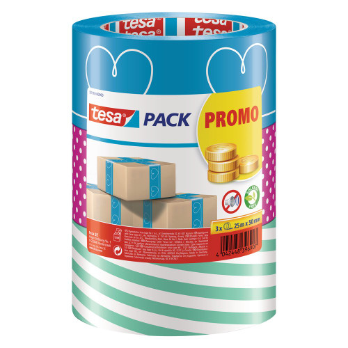 tesa 51118-00000-00 Tesapack Packing Tape 3 Rolls Assorted Colours, Blue/Pink/Green, 3 Rollen