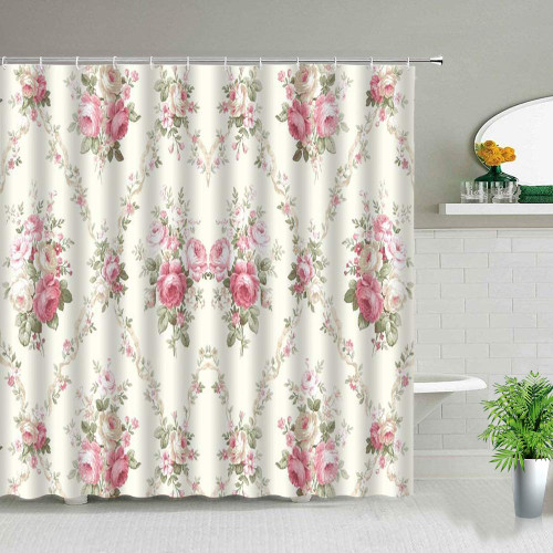 DODOUNA Pink Rose Flower Shower Curtains Floral Plant Leaves Scenery 3D Print Waterproof Bathroom Curtain with Hooks Bathtub Decor Cloth 71X71 inch