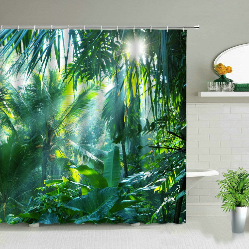 DODOUNA Plant Series Shower Curtain Bathroom Waterproof Polyester Fabric Cloth Curtain Green Leaf Flower Print Bathtub Decor with Hooks 71X71 inch