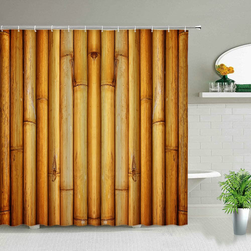 DODOUNA Yellow Green Bamboo Shower Curtain Bathroom Curtains Natural Scenery Waterproof Fabric Background Wall Decor Screen with Hooks 71X71 inch