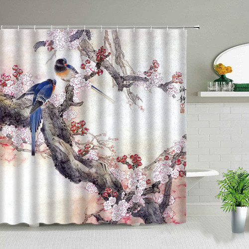 DODOUNA Chinese Style Flower Bird Scenery Shower Curtains Plant Floral Landscape Bathroom Waterproof Fabric Bath Curtain Set with Hooks 71X71 inch