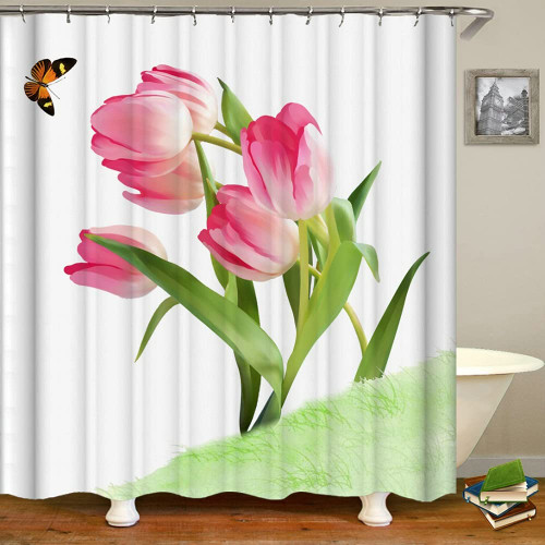 DODOUNA Tropical Green Plant Palm Leaf Tulip Pink Flower Shower Curtains Fashion Bathroom Curtain Waterproof Bathtub Decor Bath Screen 71X71 inch