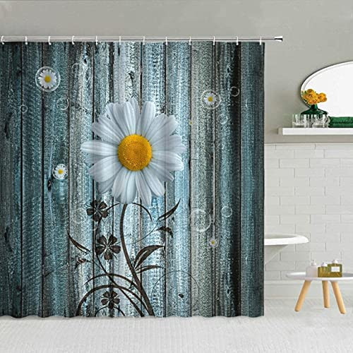 dodouna Creative Wooden Background Flower Sunflower Shower Curtain Waterproof Polyester Fabric with Hooks Bath Screen Decor 71x71 inch