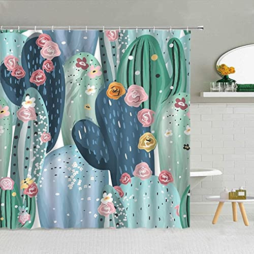 dodouna Tropical Green Plant Cactus Flower Shower Curtain Fabric Bathroom Supplies with Hooks Cloth Curtains 3D Printing 71x71 inch