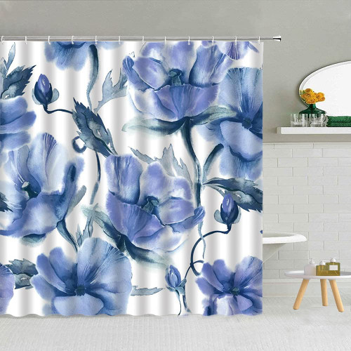 dodouna Blue Rose Flower Leaves Shower Curtain Chinese Peony Bathroom Art Decor Bath Waterproof Fabric Curtains with Hooks Set 71x71 inch