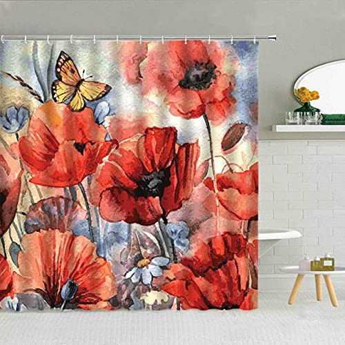 dodouna Poppy Flower Green Leaves Oil Painting Shower Curtain Spring Floral Scenery Bathroom Decor Waterproof Fabric Hooks Curtains 71x71 inch