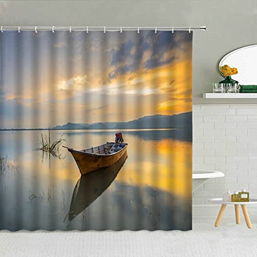 dodouna Green Plants Wooden Bridge Sunrise Landscape Shower Curtain Mountain River Wall Bathroom Decor Spring Natural Scenery Curtains 71x71 inch