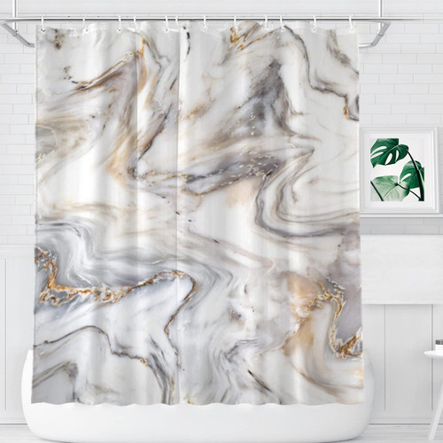 KOMIKU Marble Shower Curtain, Modern Luxury Marble Texture Art Shower Curtain Bathroom Set Bathroom Decor, Waterproof Shower Curtain with 12 Hooks, Gray and Gold 72" x 72"