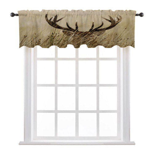 LIGUTARS Valances for Kitchen, Antler Decor Abstract Half Window Curtain, Whitetail Deer Fawn in Wilderness Stag Countryside, 42" W x 18" L, Kitchen Windows Bathroom Bedroom, Brown Sand Brown