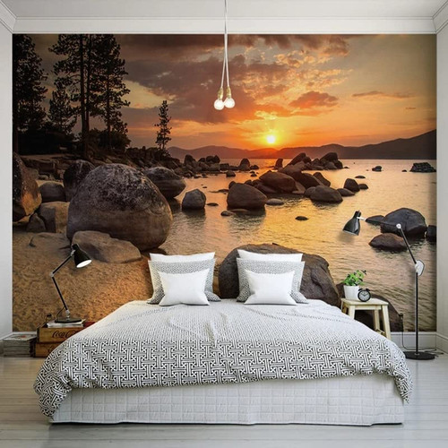 Custom Size Wall Murals?3D Beautiful Sunset Rock Seaside?Removable Peel and Stick Self-Adhesive Wall Murals Large Photo Wallpaper