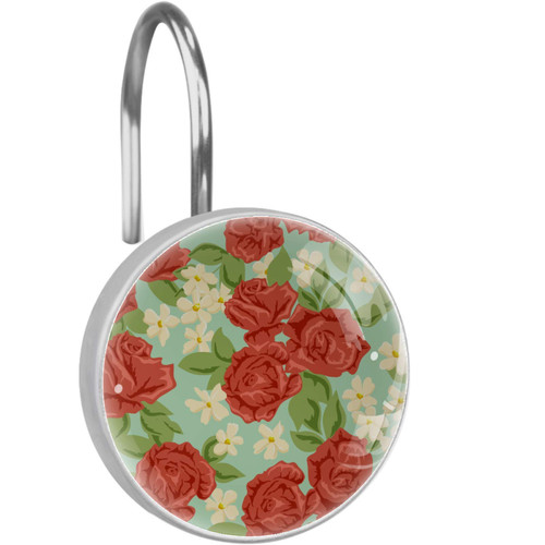 Romance Floral Pattern Shower Curtain Hooks Rings, Rust-Resistant Metal Glide Shower Hooks for Bathroom Shower Rods Curtains Set of 12