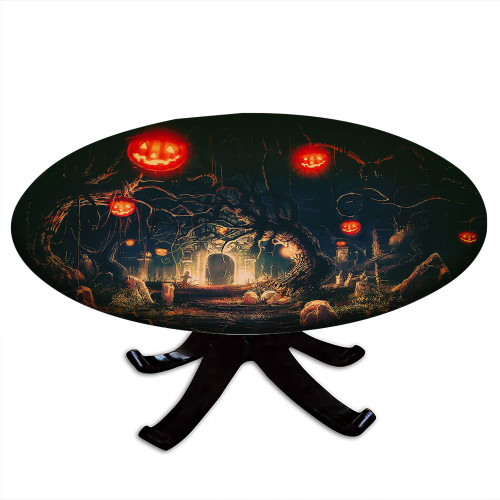 Halloween Round Table Cloth, Halloween Style Pattern, Elastic Edge, Waterproof and wipeable, Suitable for Wedding/Banquet/Restaurant/Party, Fit for 28" Table