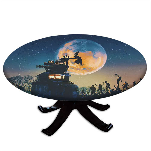 VBTGVE Halloween Round Fitted Tablecloth, Halloween Style Pattern, Elastic Edge, Waterproof and wipeable, Suitable for Dining Tables, self-Service Parties and Camping, Fit for 28" Table