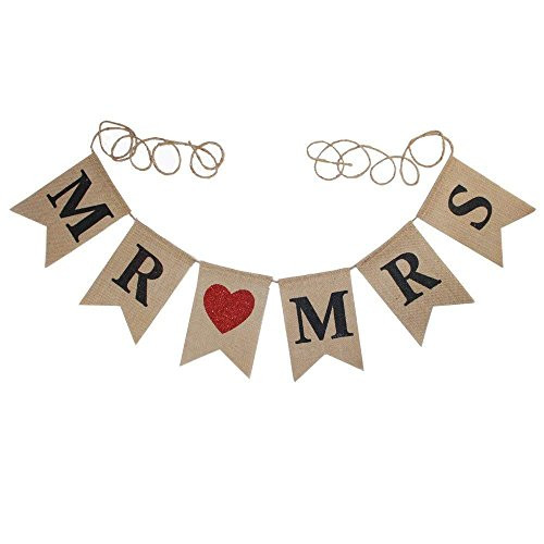 Mr and Mrs Burlap Bunting Banners Garland - Vintage Rustic Wedding Table Hanging Signs for Bridal Shower, Wedding Photo Booth Props Backdrop Decoration, 6pcs Flags, 6.6-Feet