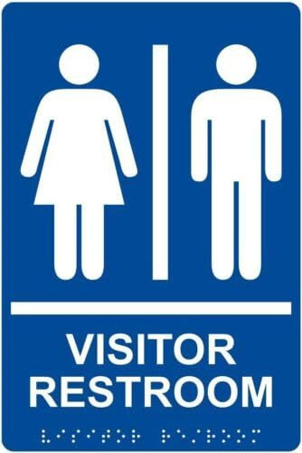 Visitor Restroom Sign, ADA-Compliant Braille and Raised Letters, 9x6 in. White on Blue Acrylic with Adhesive Mounting Strips