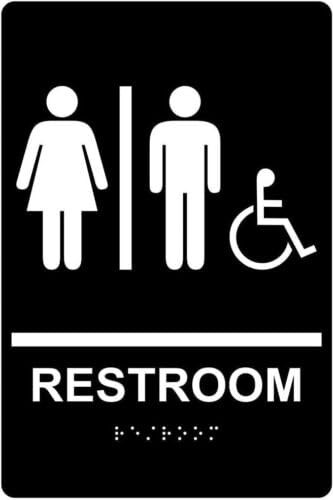 Restroom Sign, ADA-Compliant Braille and Raised Letters, 9x6 inch White on Black Acrylic with Adhesive Mounting Strips