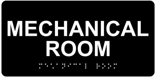 Mechanical Room Sign, ADA-Compliant Braille and Raised Letters, 8x4 in. White on Black Acrylic with Adhesive Mounting Strips