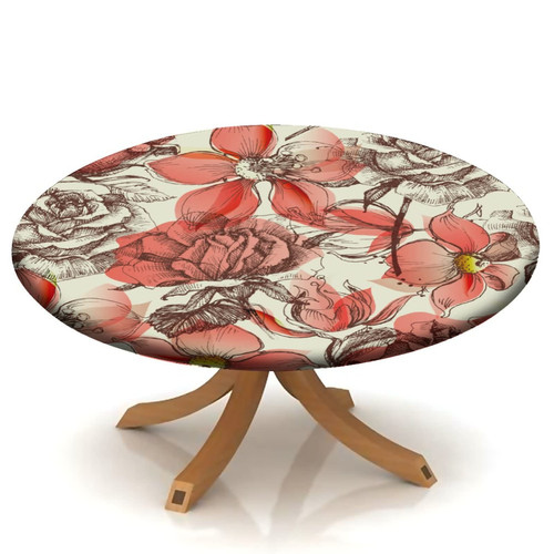 Flower Round Fitted Polyester Tablecloth, Retro Style Red Rose Elastic Edge Home Decor Tablecloths, Stain & Wrinkle Resistant Table Cover for Family Holiday Party Use, Fit for 32" Table