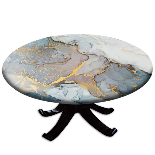 Atury Marble Fitted Polyester Tablecloths Round, Gold Grey Marble Elastic Edge Home Decor Tablecloths, Erasable Washable Fabric Table Cover, for Indoor Outdoor Party Table Cloth, Fit for 36" Table