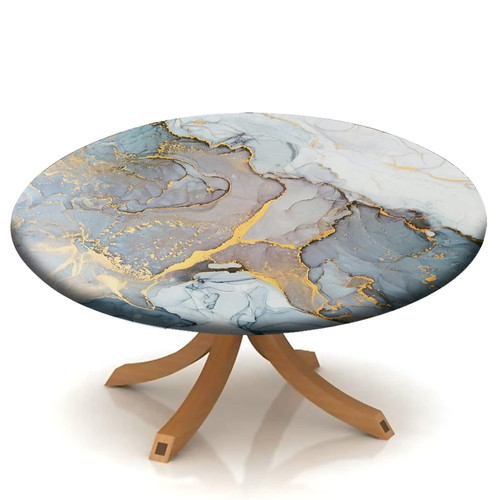 Atury Marble Fitted Polyester Tablecloths Round, Gold Grey Marble Elastic Edge Decorative Tablecloths, Erasable Washable Fabric Table Cover, Living Room Kitchen Patio Table Cloth, Fit for 32" Table