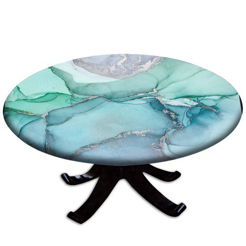 Marble Round Fitted Polyester Tablecloth, Green Grey Marble Elastic Edge Home Decor Tablecloths, Waterproof Oil Proof Fabric Table Clothes, For Indoor Patio Picnic Table Cloth, Fit for 36" Table