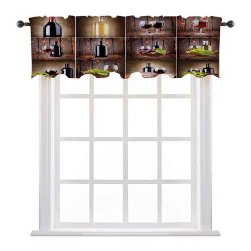 LIGUTARS Valances for Kitchen, Wine Abstract Half Window Curtain, Wine Themed Collage on Wooden Backdrop with Grapes and, 42" W x 18" L, Kitchen Windows Bathroom Bedroom, Brown Black Red