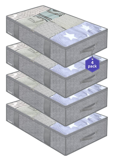 Onlyeasy Underbed Storage Bags Organizer, 4 Pack Large Capacity Under Bed Storage Containers with Reinforced Handles, Foldable Fabric Storage Bins with Clear Window, Herringbone Grey, 7MXRUBBP4