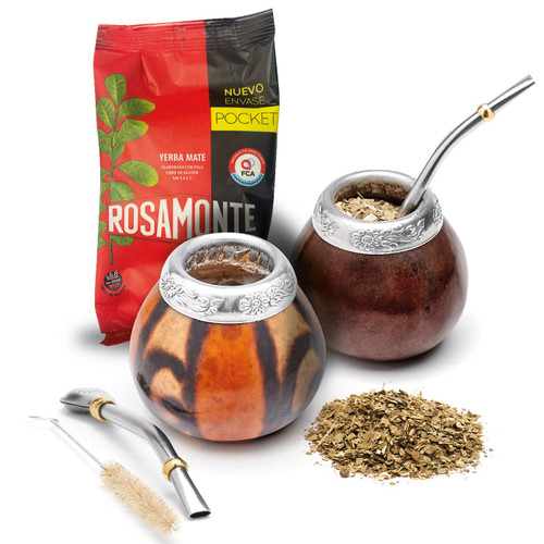 BALIBETOV Set of Two Yerba Mate Gourd and One Pack of 100gr - 3.5OZ of Yerba Mate - Yerba Mate Cup Argentina - 2 Mate Tea Cup, 2 Bombilla, 1 Cleaning Brush, 1 Loose Leaf Yerba Mate bag (DARK BROWN)