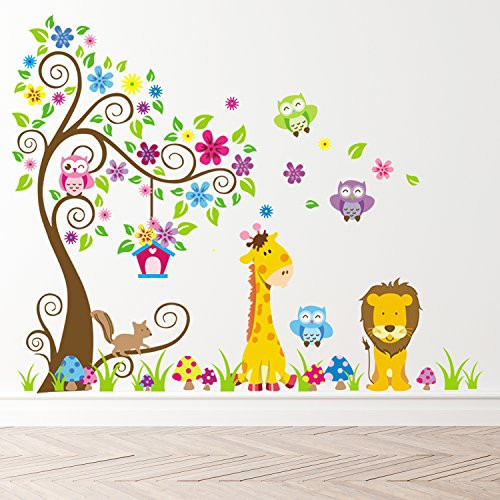 Removable Creative 3D Jungle Theme Wall Decals Colorful Owl Giraffe Lion Tree Kids Room Wall Decorations Art Decor Stickers Nursery Decor 3D Art Decal Bedroom Bathroom Sticker