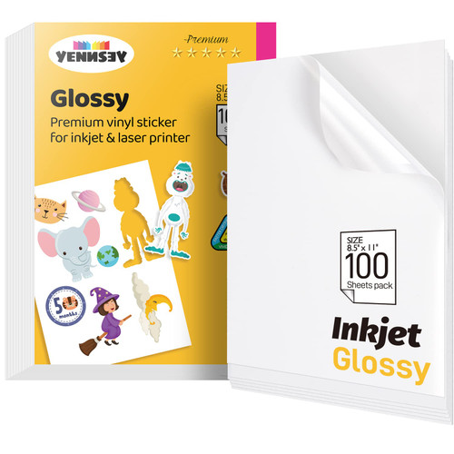 Printable Vinyl Glossy Sticker Paper for Inkjet Printer 100 Sheets White Self-Adhesive Waterproof Vinyl Sticker Paper for cricut- Custom Printable Labels 8.5x11 Inches//YENNSEY