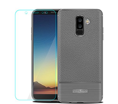 Galaxy A6 Plus 2018 Case with HD Screen Protector, Galaxy A6+ 2018 Case, YYQUEEN Slim Flexible Leather Texture Grip and Anti-Shock and Anti-Slip Cover for Samsung Galaxy A6 Plus 2018(Grey)