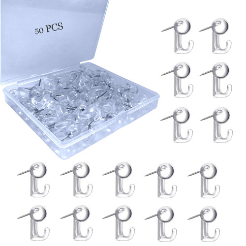 50 PCS Push Pin Hooks, Plastic Heads Cork Board Hooks Decorative Thumb Tacks Hook for Photo Wall, Bulletin Board, Home Wall, Home Office School Supplies (Clear)