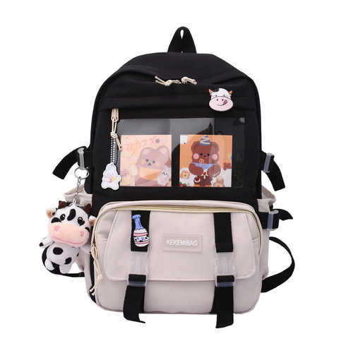 DACHAIHU Kawaii Backpack Aesthetic School Bags 17in Cute Bookbag with Badge&Cute Pendant,Large Capacity Kawaii Backpacks for School Black1