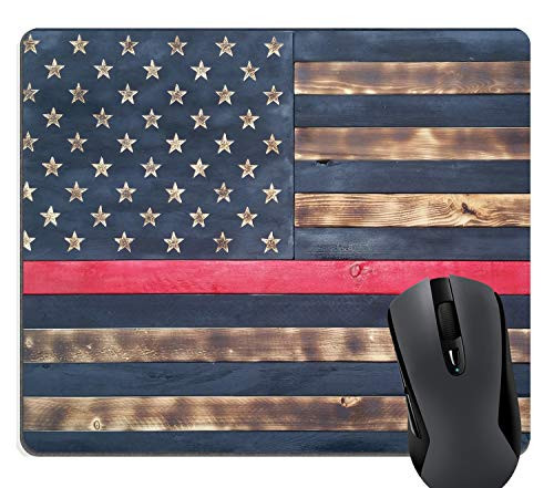 Wknoon Rectangle Gaming Mouse Pad Custom, Vintage Retro Thin Red and Black Line Flag Rustic Old Wood American Flag Design Mouse Pads
