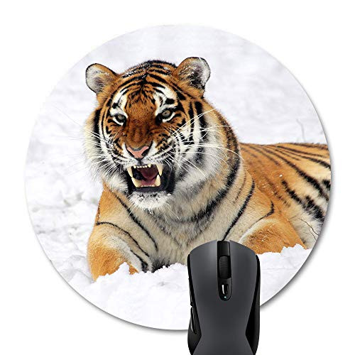 Wknoon Cool Tiger Roaring in The Snow White Winter Round Mouse Pad