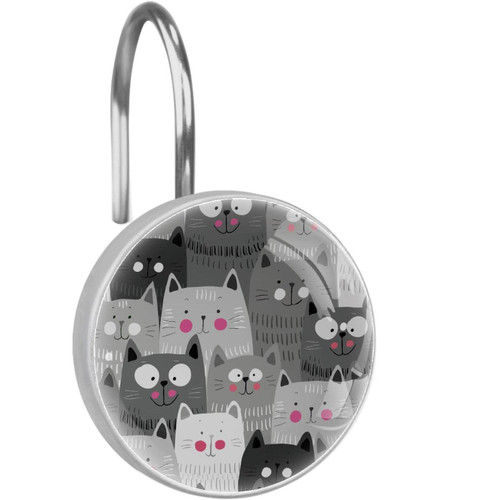 Cute Cats Grey Shower Curtain Hooks Rings, Double Glide Shower Hooks for Bathroom Shower Rods Curtains, Set of 12 Hooks