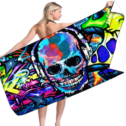 YANR Gothic Graffiti Sugar Skull Beach Towel Oversized Rock Hip Hop Style Microfiber Beach Towel Quick-Drying Super Absorbent Thin Bath Towels for Bathroom Gym Beach 75cm x 150cm(30 x 60inches)