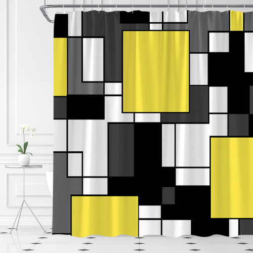 YSATNSFT Abstract Geometric Shower Curtain Yellow Black Gray and White Geometry Squares 3D Contemporary Fashion Simple Home Fabric Bathroom Decor Set Include Hooks,70" WX70 H