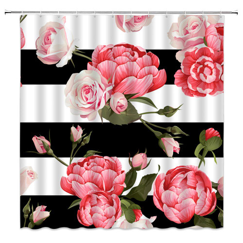 Yadshoti Flower Shower Curtains Watercolor Rose Spring Floral Plant Black White Geometric Patterns Print Bathroom Decor Home Bath Bathtub Accessories Polyester Fabric Curtain 70 X 70 Inch with Hooks