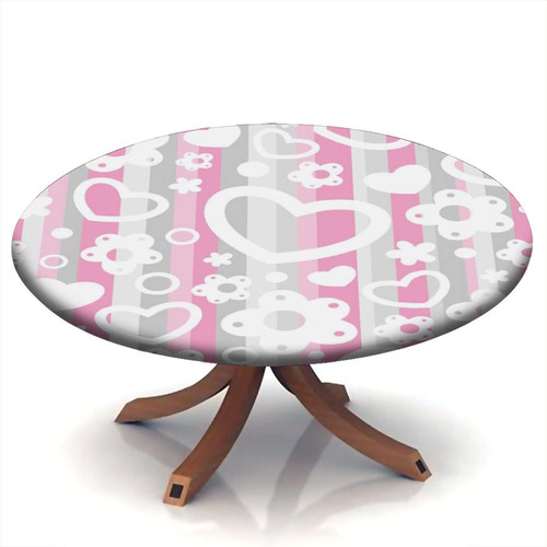 Valentine's Day Fitted Tablecloth Round, Valentine Cute Heart Elastic Edge Polyester Decorative Table Cover, Fits 24" Round Table, Dust & Oil Proof Washable Tablecloth For Holiday Party Decor Use