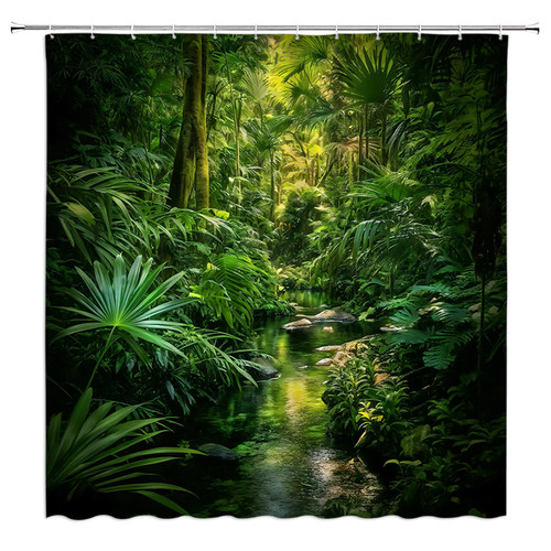 CHui DECOR Tropical Rainforest Shower Curtain Green Forest Jungle Palm Plant Exotic Wild Nature Scenic Fabric Polyester Bathroom Curtain with Hooks