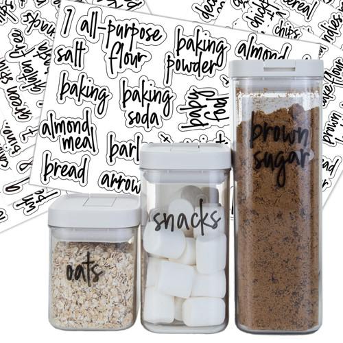 180 Pantry Labels, Prefdo Waterproof White Script Preprinted Food Names label Stickers for Kitchen Organization Storage Containers, Jars & Canisters (Black)