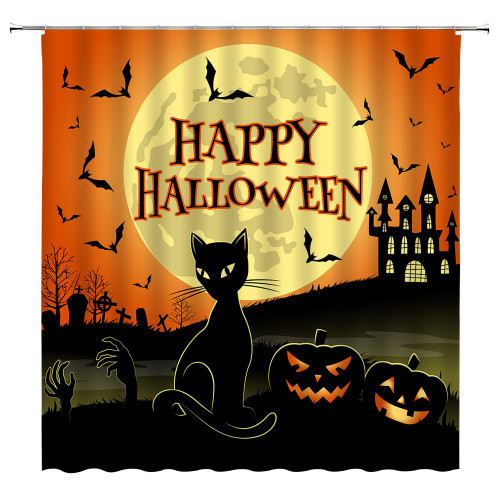 CHui DECOR Halloween Shower Curtain Spooky Black Cat Pumpkin Bats Full Moon Night Castle Graveyard Gothic Holiday Fabric Polyester Bathroom Curtain with Hooks
