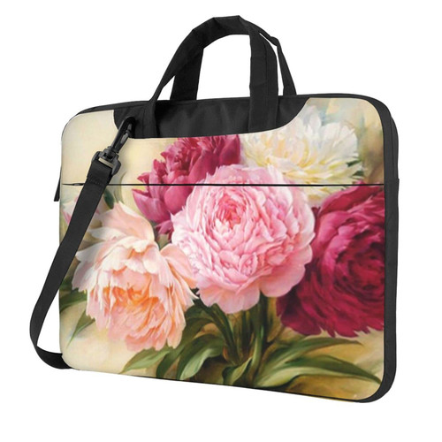 peony flowers blossom Printed Laptop Bag Case 13 inch Message Briefcase Adjustable Shoulder Strap Computer Bag for Travel Work Office