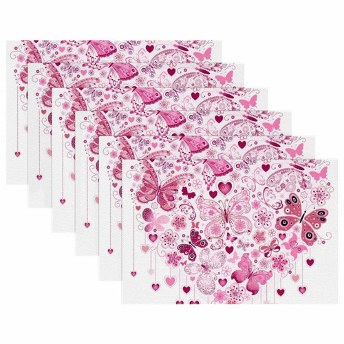 Placemat, Non-Slip Insulation Placemat, Washable Table Mats Set, Valentine's Day Pink Heart Butterfly Placemat, Non-Slip Insulation Placemat, Washable Table Mats Set, Valentine's Day Pink Heart Butterfly