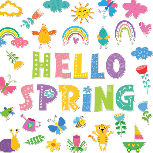 100Pcs Hello Spring Cutouts Spring Bulletin Board Decorations with 100Pcs Glue Points for Classroom School Office Party Supplies