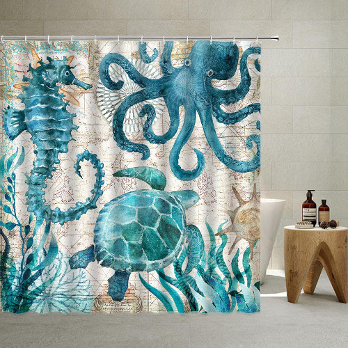Nautical Animal Beach Shower Curtain Retro Teal Sea Turtle Octopus Seahorse Tropical Underwater Marine Life Seaweed Seashell Coral Reef Vintage Map Blue Ocean Bathroom Curtain with Hooks 70 X 70 Inch